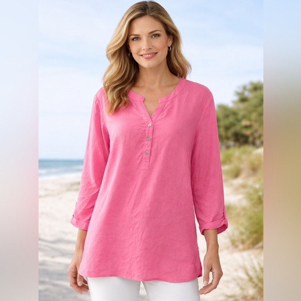 Coral Bay Pink Women's Linen Blend Light Weight Blouse with Button Detail XL NWT